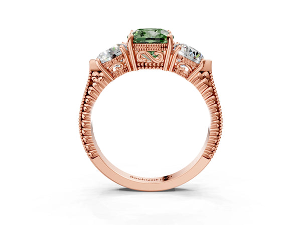 Rose Gold Cushion Cut Vintage Three Stone Engagement Ring Setting for Fancy Green Center