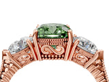 Rose gold Three-Stone Fancy Green Cushion Cut Cut Milgrain Band Prong Setting Ring_4