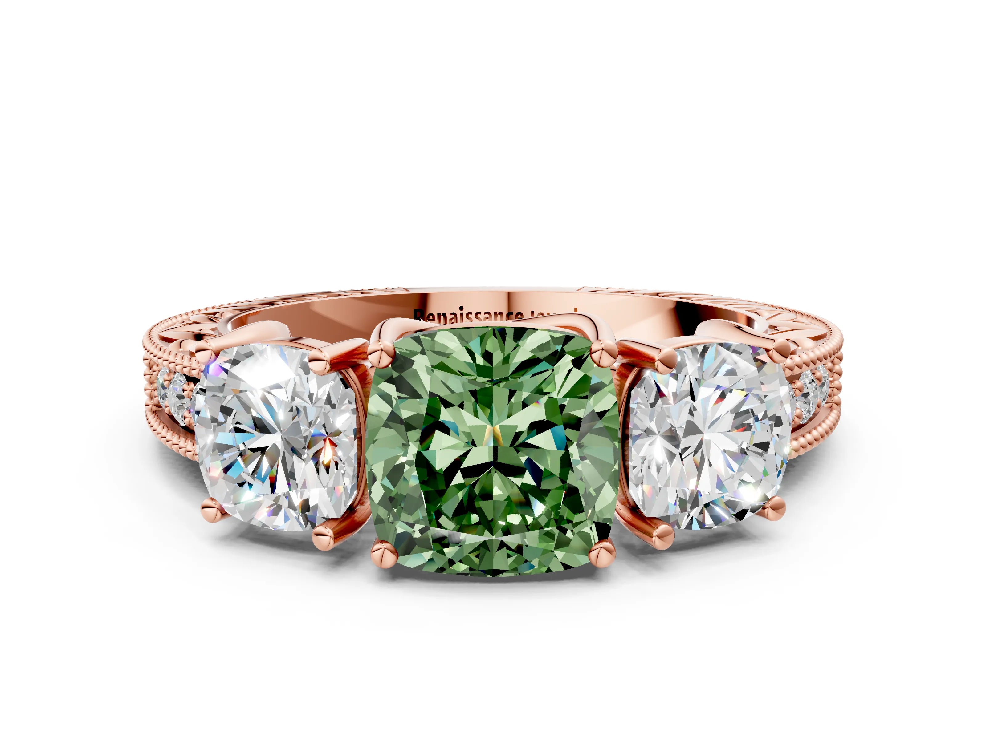 Rose gold Three-Stone Fancy Green Cushion Cut Cut Milgrain Pavé Engagement Ring