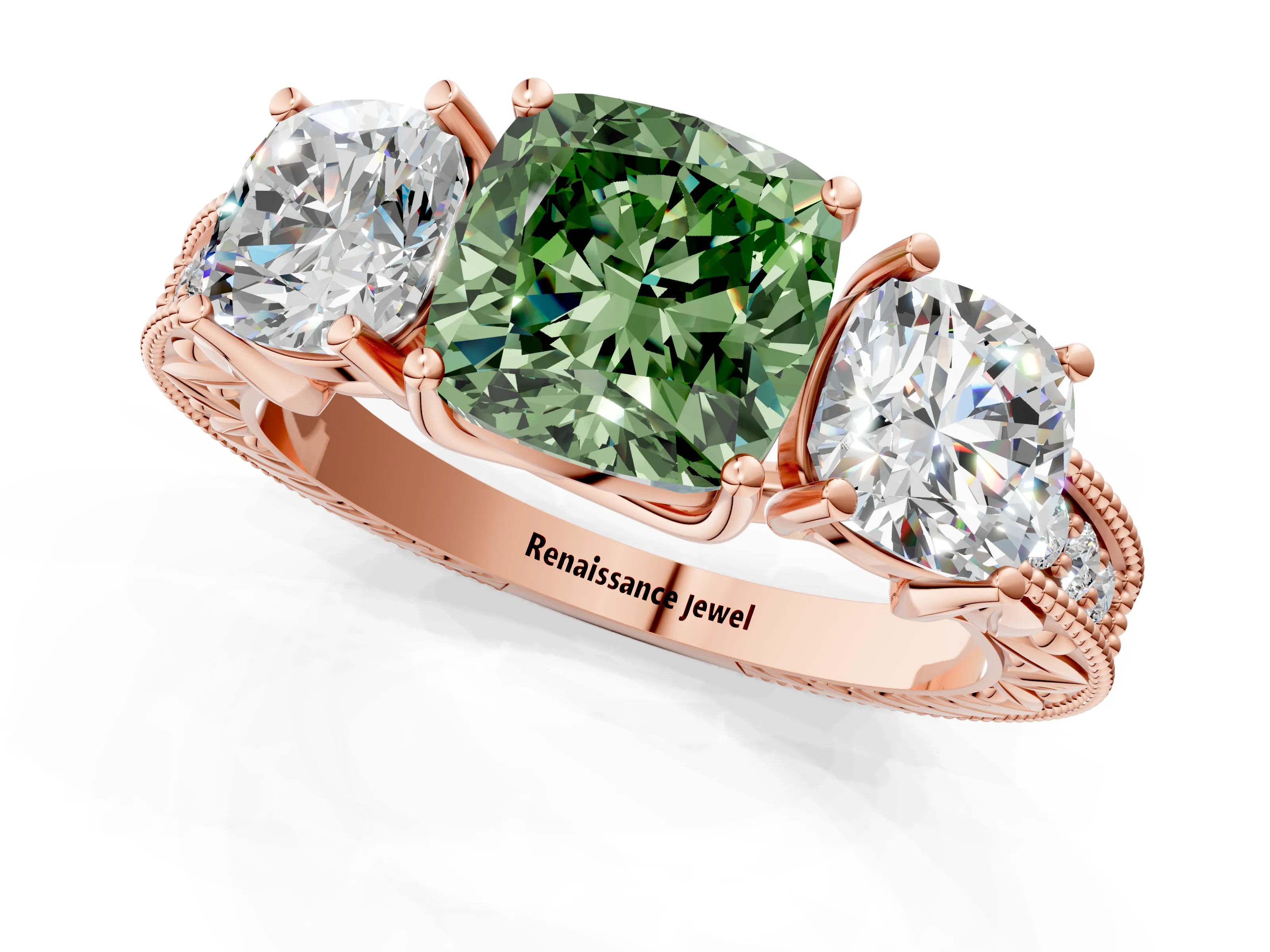 Rose gold Three-Stone Fancy Green Cushion Cut Cut Milgrain Pavé Engagement Ring_1