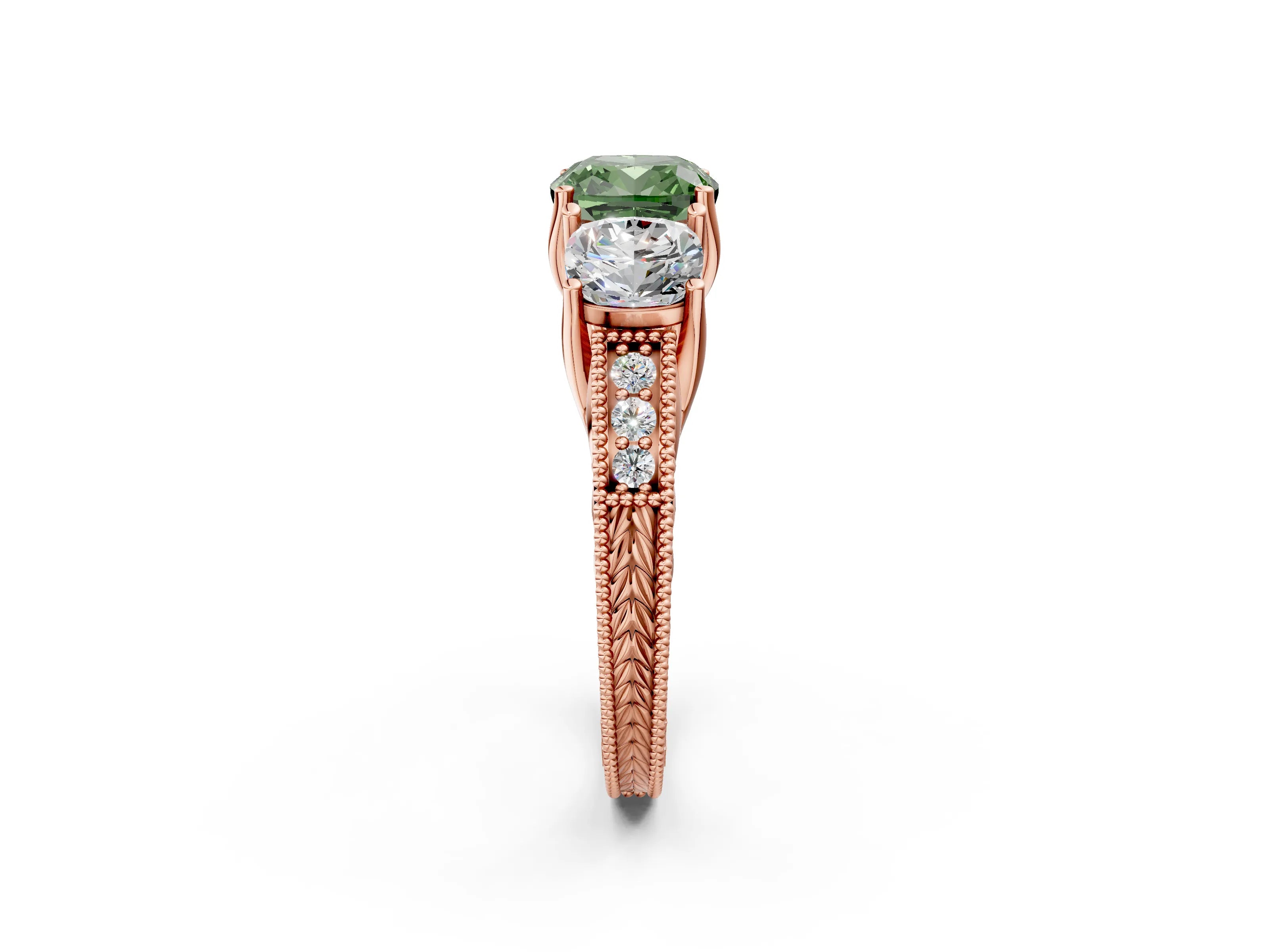 Rose gold Three-Stone Fancy Green Cushion Cut Cut Milgrain Pavé Engagement Ring_14
