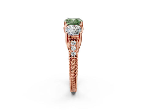 Rose gold Three-Stone Fancy Green Cushion Cut Cut Milgrain Pavé Engagement Ring_14