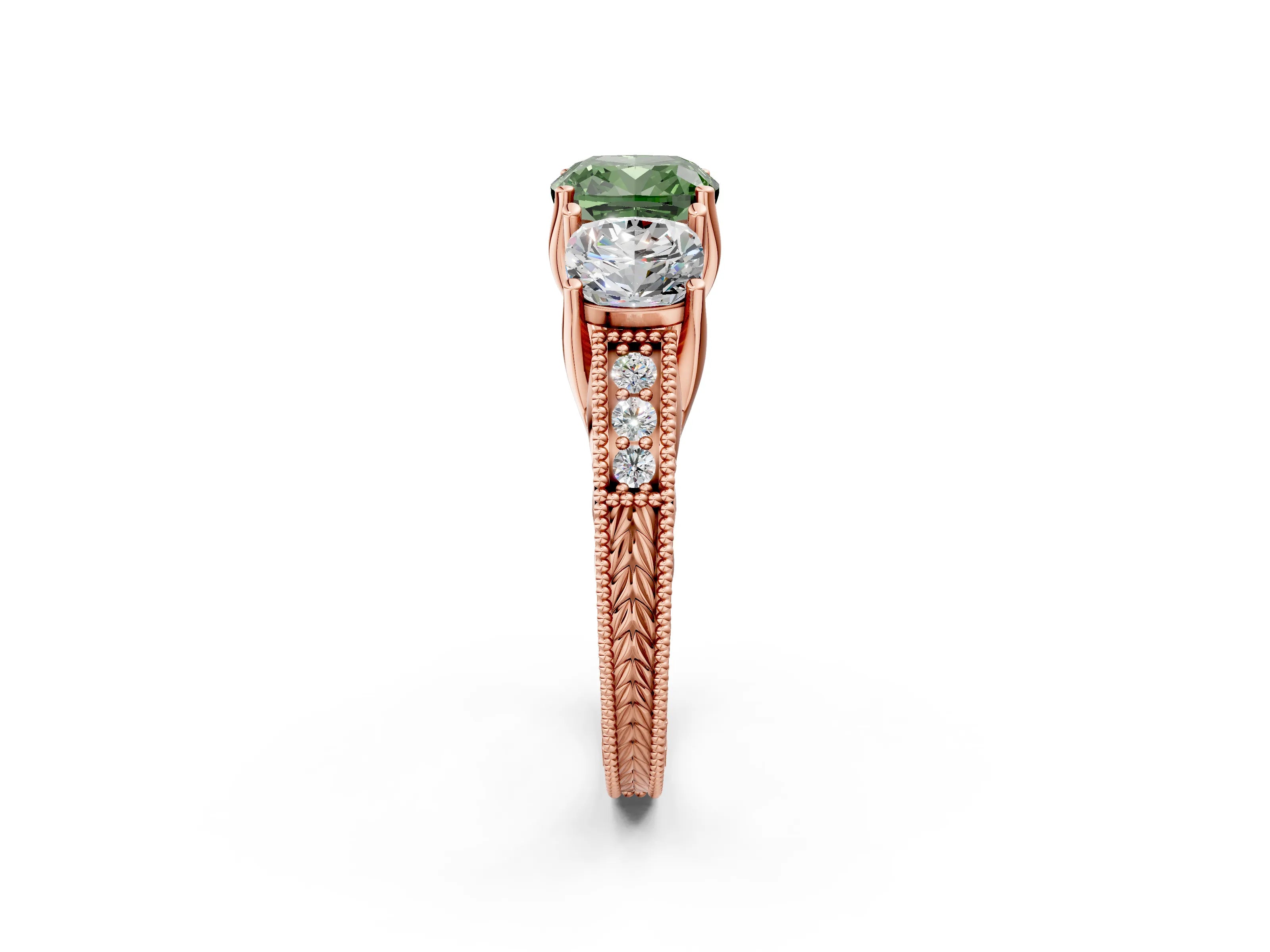 Rose gold Three-Stone Fancy Green Cushion Cut Cut Milgrain Pavé Engagement Ring_2