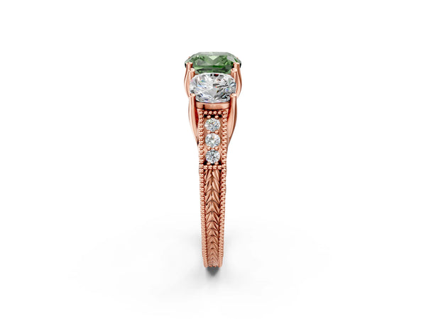Rose gold Three-Stone Fancy Green Cushion Cut Cut Milgrain Pavé Engagement Ring