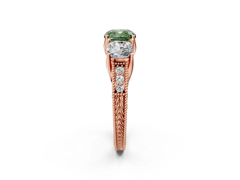 Rose gold Three-Stone Fancy Green Cushion Cut Cut Milgrain Pavé Engagement Ring_2