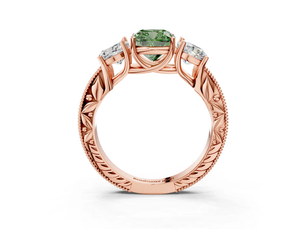 Rose gold Three-Stone Fancy Green Cushion Cut Cut Milgrain Pavé Engagement Ring