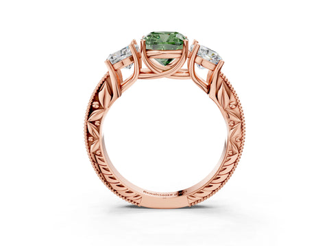 Rose gold Three-Stone Fancy Green Cushion Cut Cut Milgrain Pavé Engagement Ring_3