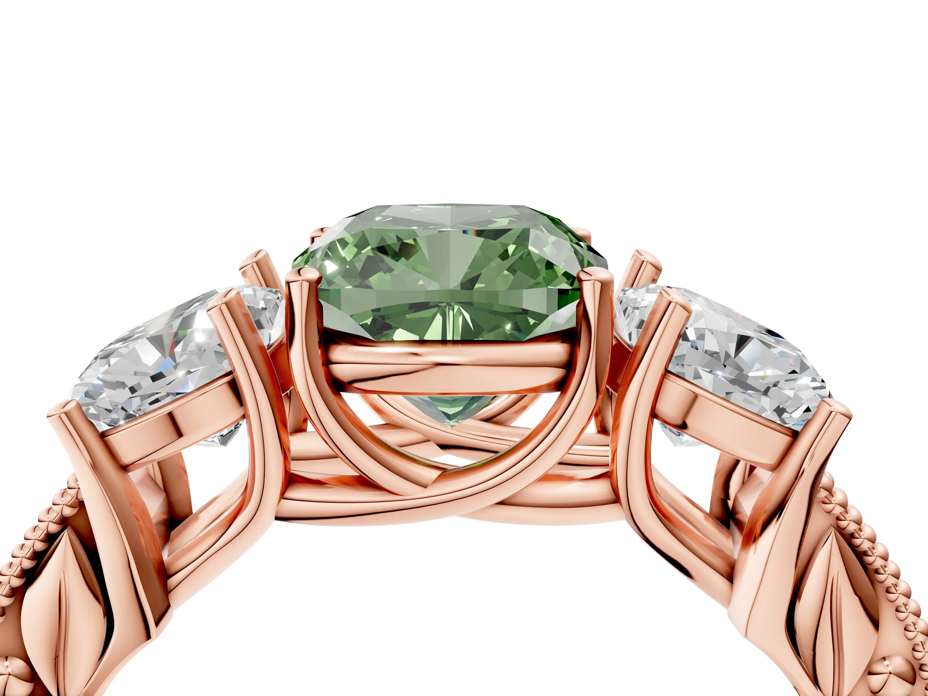 Rose gold Three-Stone Fancy Green Cushion Cut Cut Milgrain Pavé Engagement Ring_4