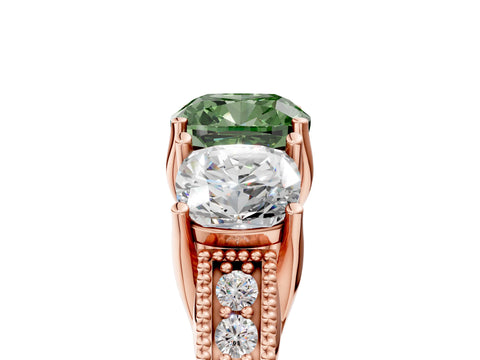 Rose gold Three-Stone Fancy Green Cushion Cut Cut Milgrain Pavé Engagement Ring_5