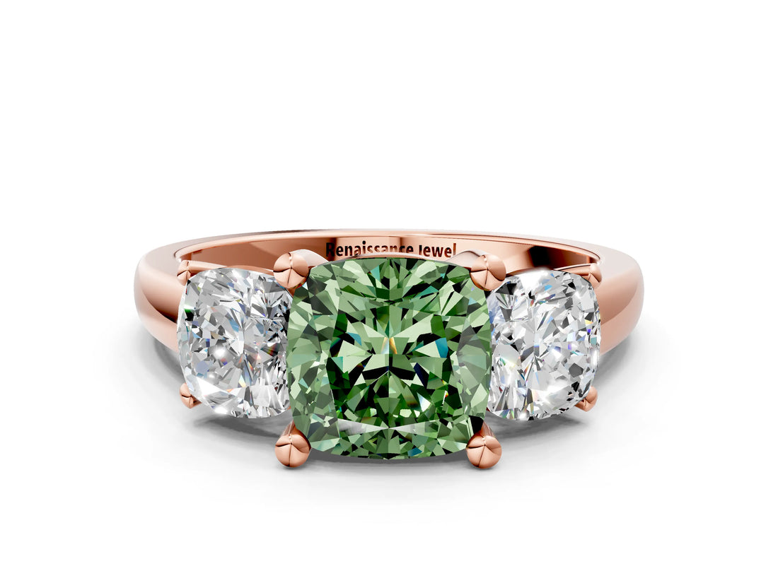 Rose gold Three-Stone Fancy Green Cushion Cut Cut Solitaire Ring with Classic Prong Setting