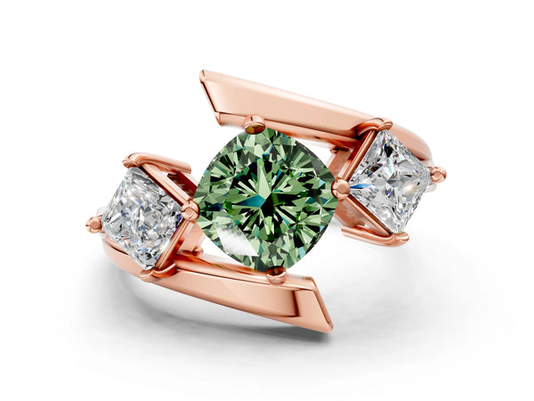 Rose gold Three-Stone Fancy Green Cushion Cut Cut Tension Band Ring with Four-Prong Setting