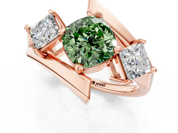 Rose gold Three-Stone Fancy Green Cushion Cut Cut Tension Band Ring with Four-Prong Setting