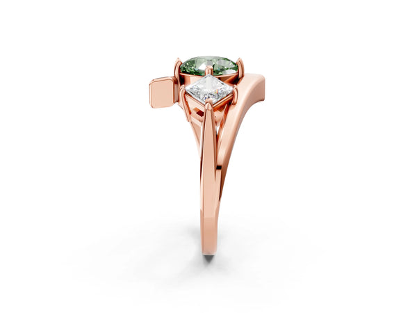 Rose gold Three-Stone Fancy Green Cushion Cut Cut Tension Band Ring with Four-Prong Setting