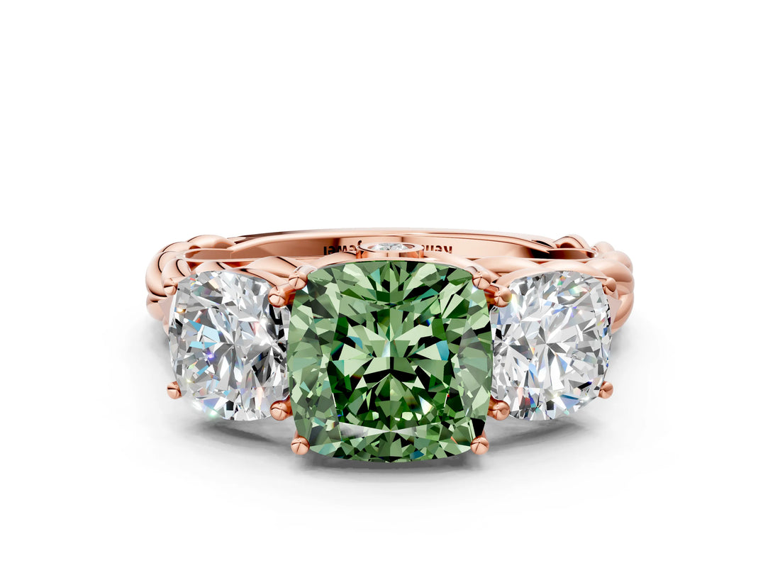 Rose gold Three-Stone Fancy Green Cushion Cut Diamond Braided Band Ring with Four-Prong Setting_37