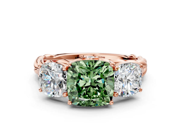 Rose gold Three-Stone Fancy Green Cushion Cut Diamond Braided Band Ring with Four-Prong Setting