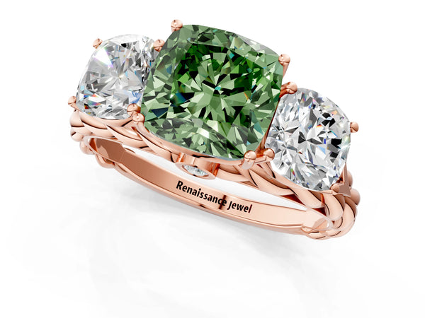 Rose gold Three-Stone Fancy Green Cushion Cut Diamond Braided Band Ring with Four-Prong Setting
