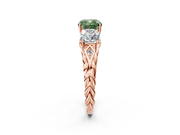 Rose gold Three-Stone Fancy Green Cushion Cut Diamond Braided Band Ring with Four-Prong Setting