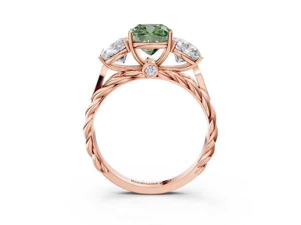 Rose gold Three-Stone Fancy Green Cushion Cut Diamond Braided Band Ring with Four-Prong Setting