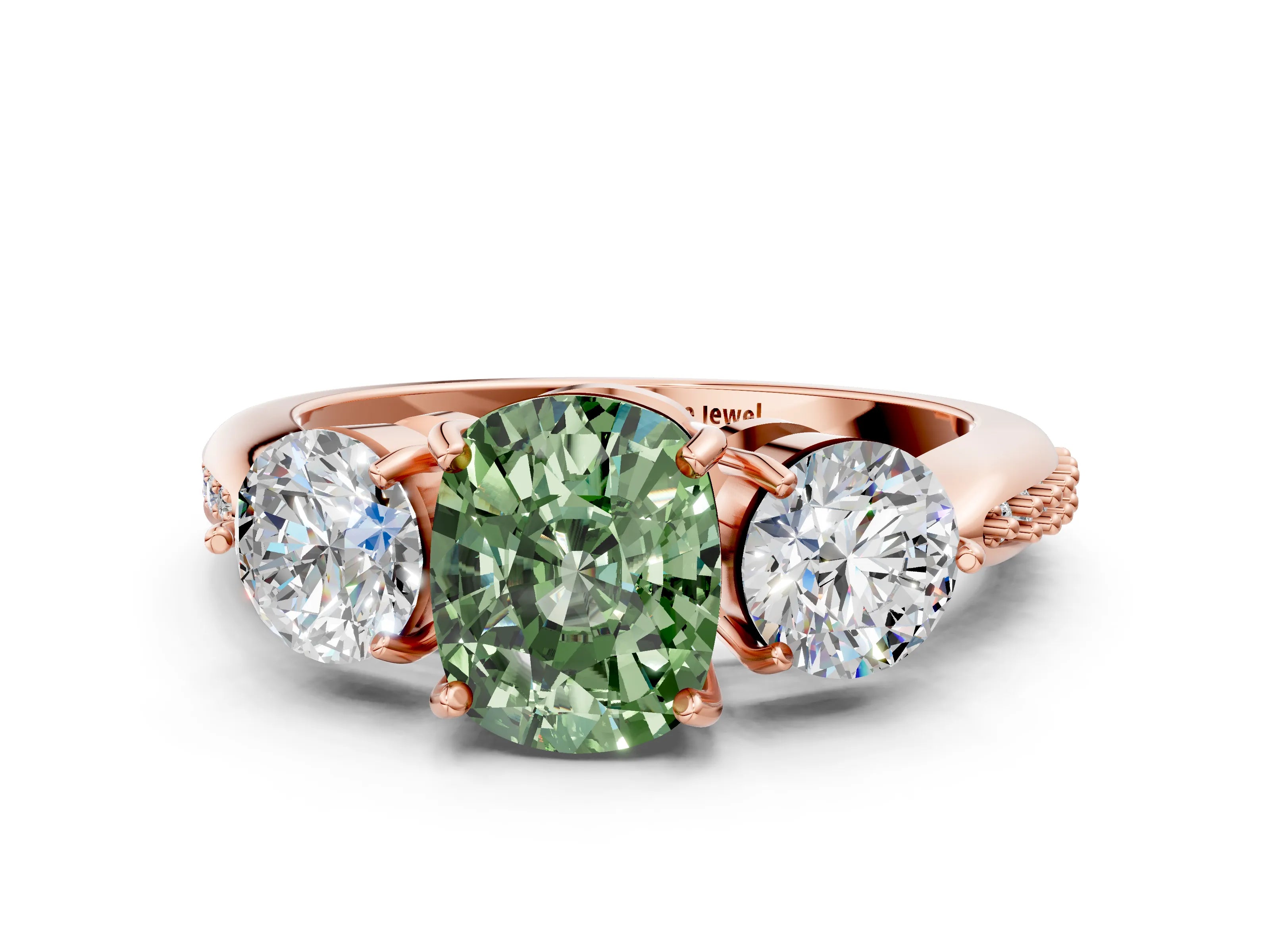 Rose gold Three-Stone Fancy Green Cushion Cut Diamond Channel Set Engagement Ring with Prong Setting