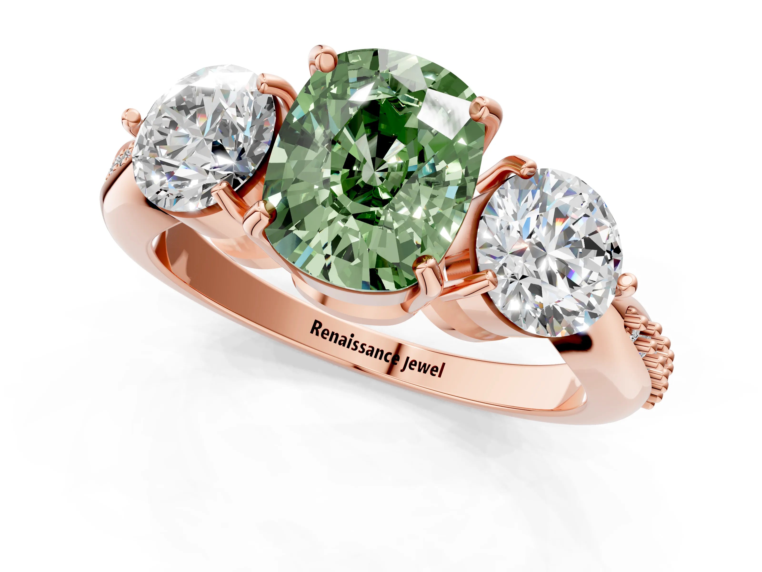 Rose gold Three-Stone Fancy Green Cushion Cut Diamond Channel Set Engagement Ring with Prong Setting_1