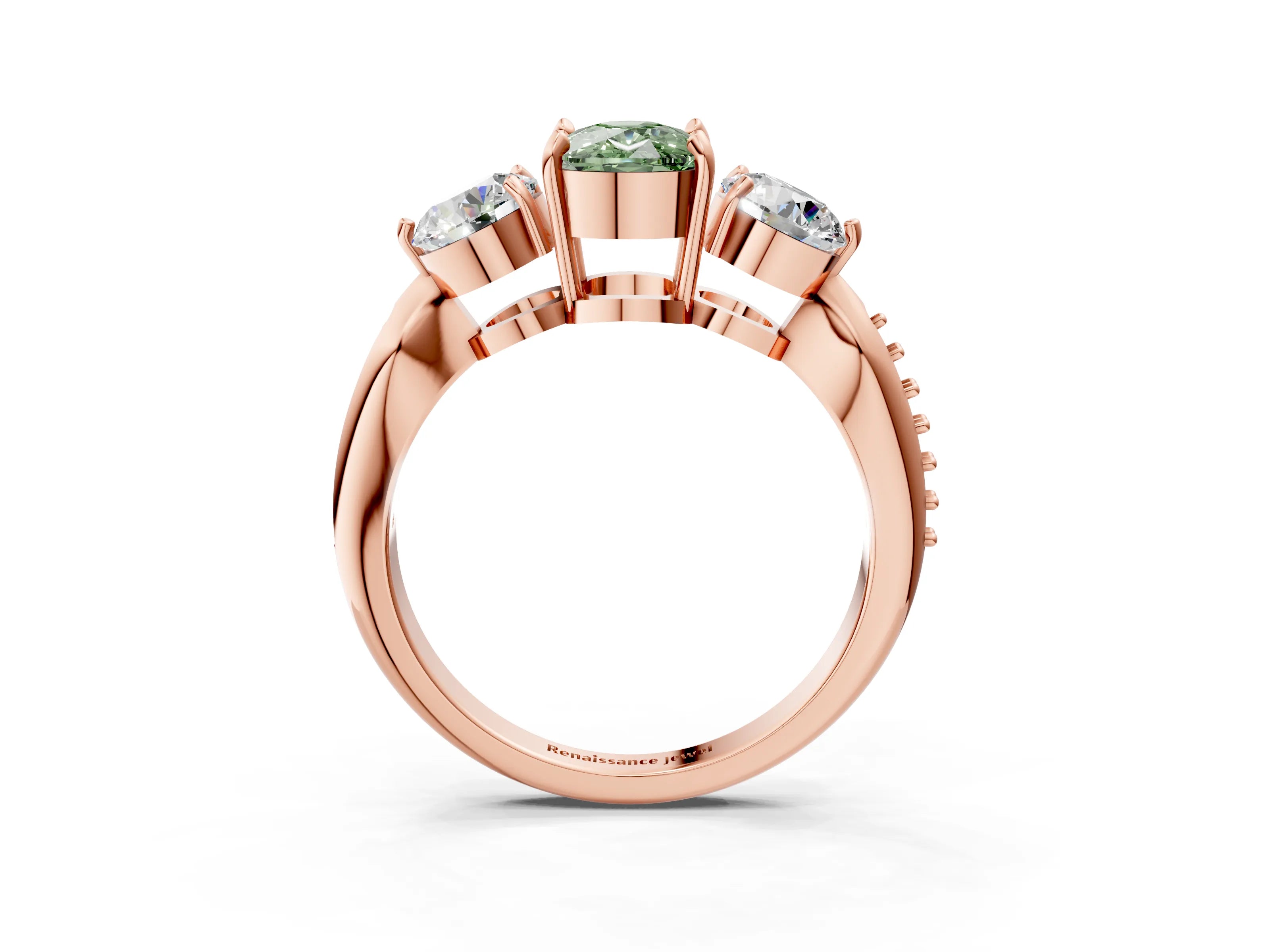 Rose gold Three-Stone Fancy Green Cushion Cut Diamond Channel Set Engagement Ring with Prong Setting_15