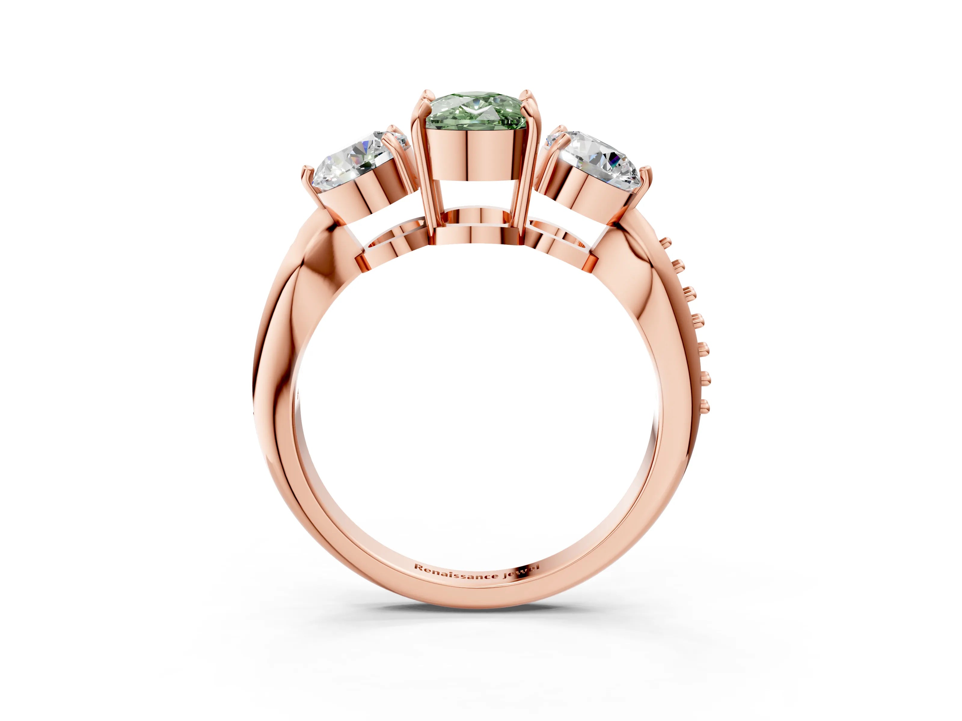 Rose gold Three-Stone Fancy Green Cushion Cut Diamond Channel Set Engagement Ring with Prong Setting_3