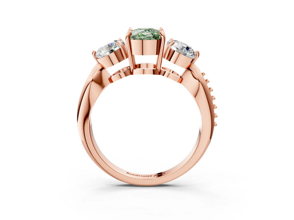 Rose gold Three-Stone Fancy Green Cushion Cut Diamond Channel Set Engagement Ring with Prong Setting