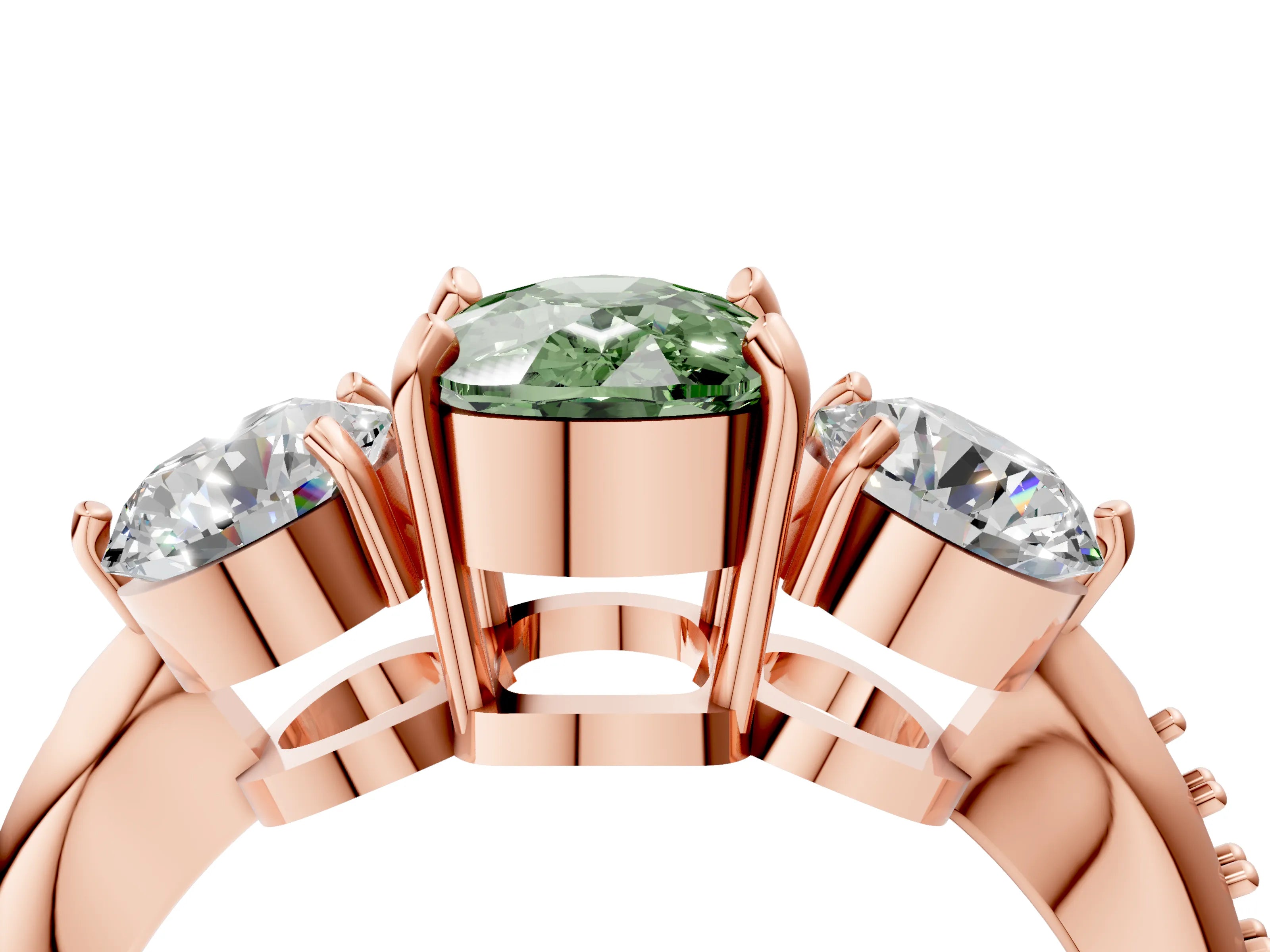 Rose gold Three-Stone Fancy Green Cushion Cut Diamond Channel Set Engagement Ring with Prong Setting_4