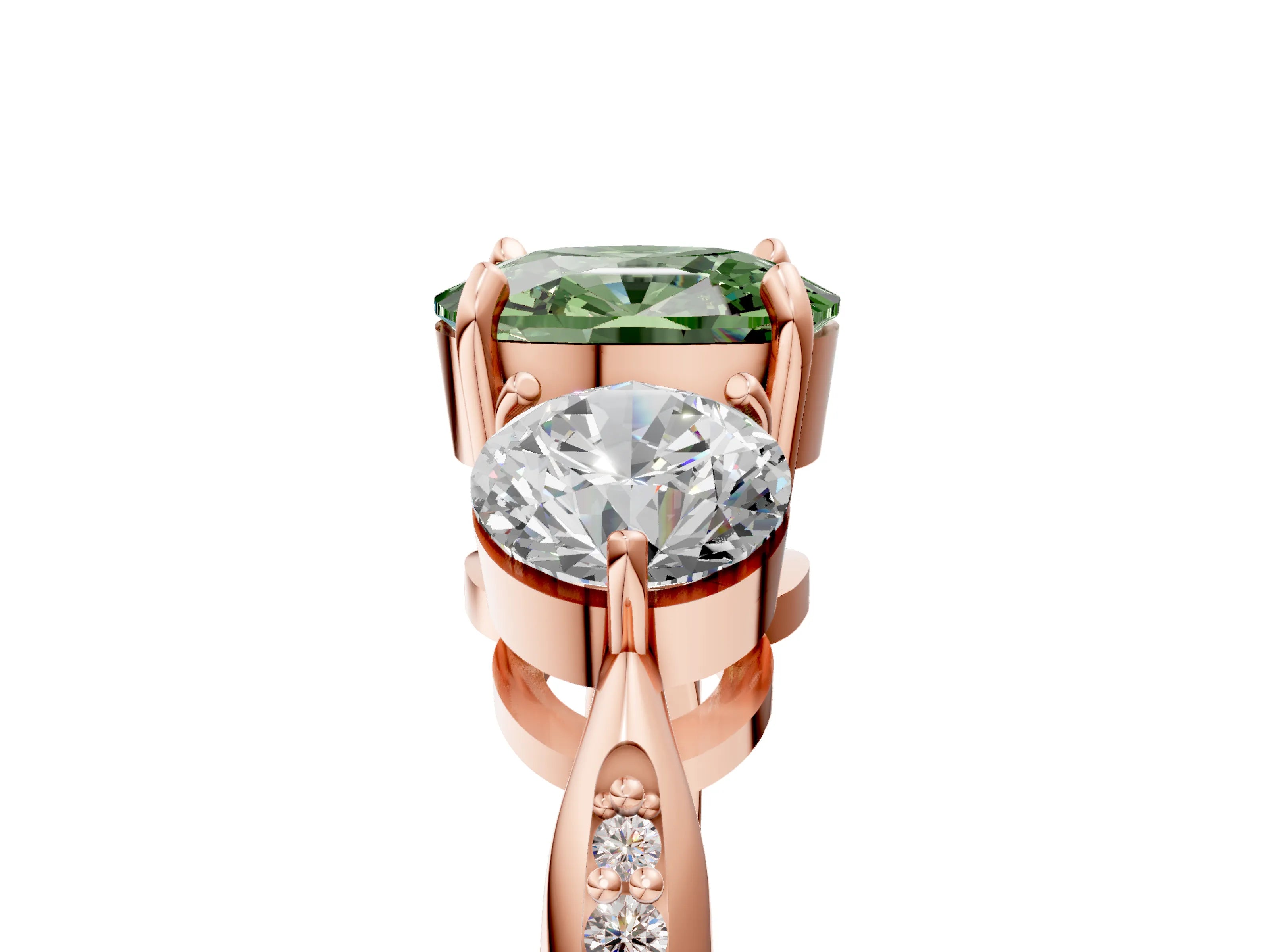 Rose gold Three-Stone Fancy Green Cushion Cut Diamond Channel Set Engagement Ring with Prong Setting_5