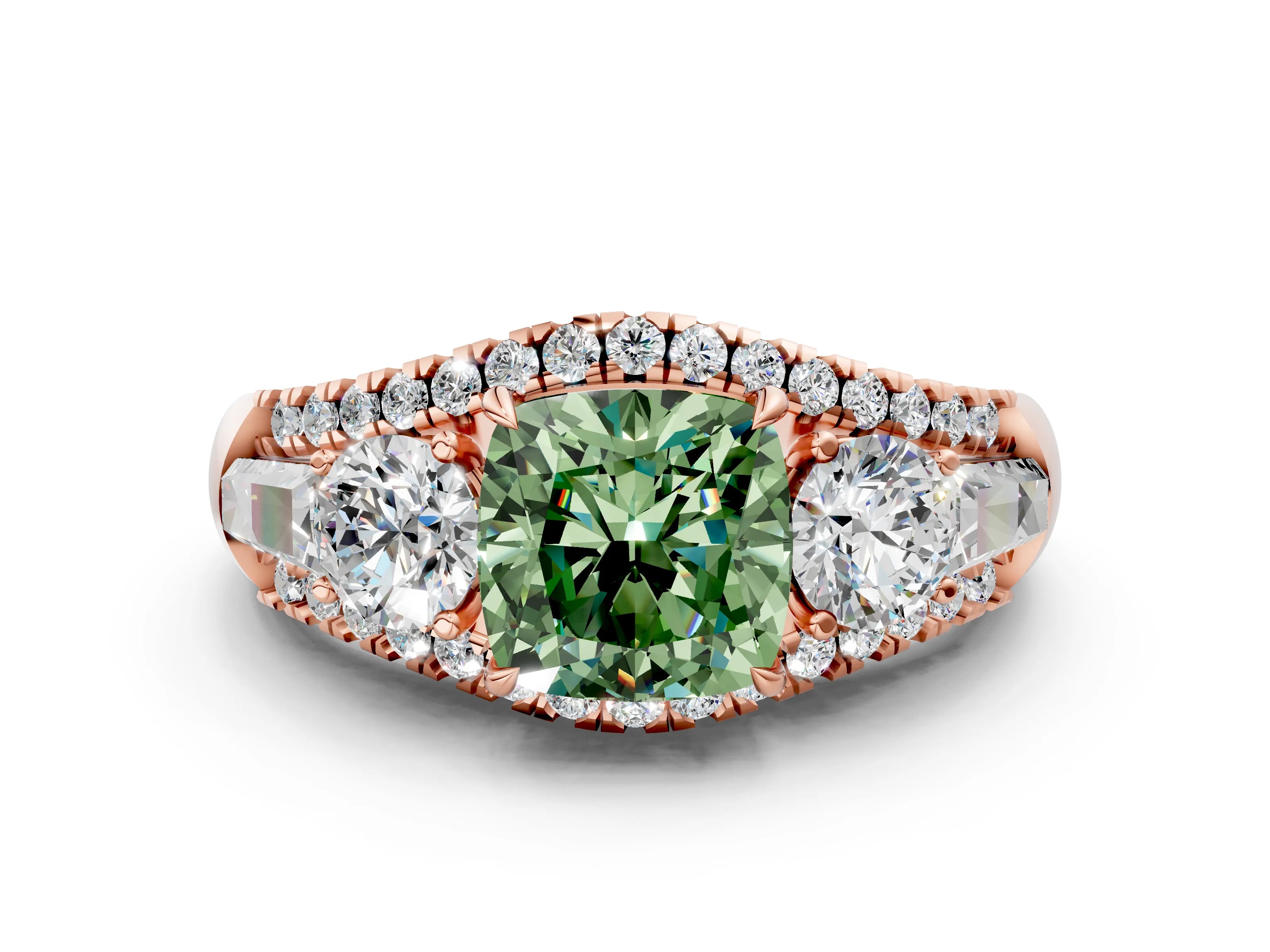 Rose gold Three-Stone Fancy Green Cushion Cut Diamond Engagement Ring with Pave Band and Prong Setting_12