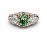 Rose gold Three-Stone Fancy Green Cushion Cut Diamond Engagement Ring with Pave Band and Prong Setting_12
