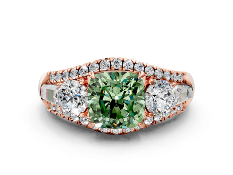 Rose gold Three-Stone Fancy Green Cushion Cut Diamond Engagement Ring with Pave Band and Prong Setting_12