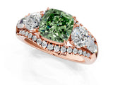 Rose gold Three-Stone Fancy Green Cushion Cut Diamond Engagement Ring with Pave Band and Prong Setting_13