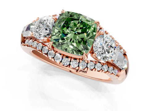 Rose gold Three-Stone Fancy Green Cushion Cut Diamond Engagement Ring with Pave Band and Prong Setting_13