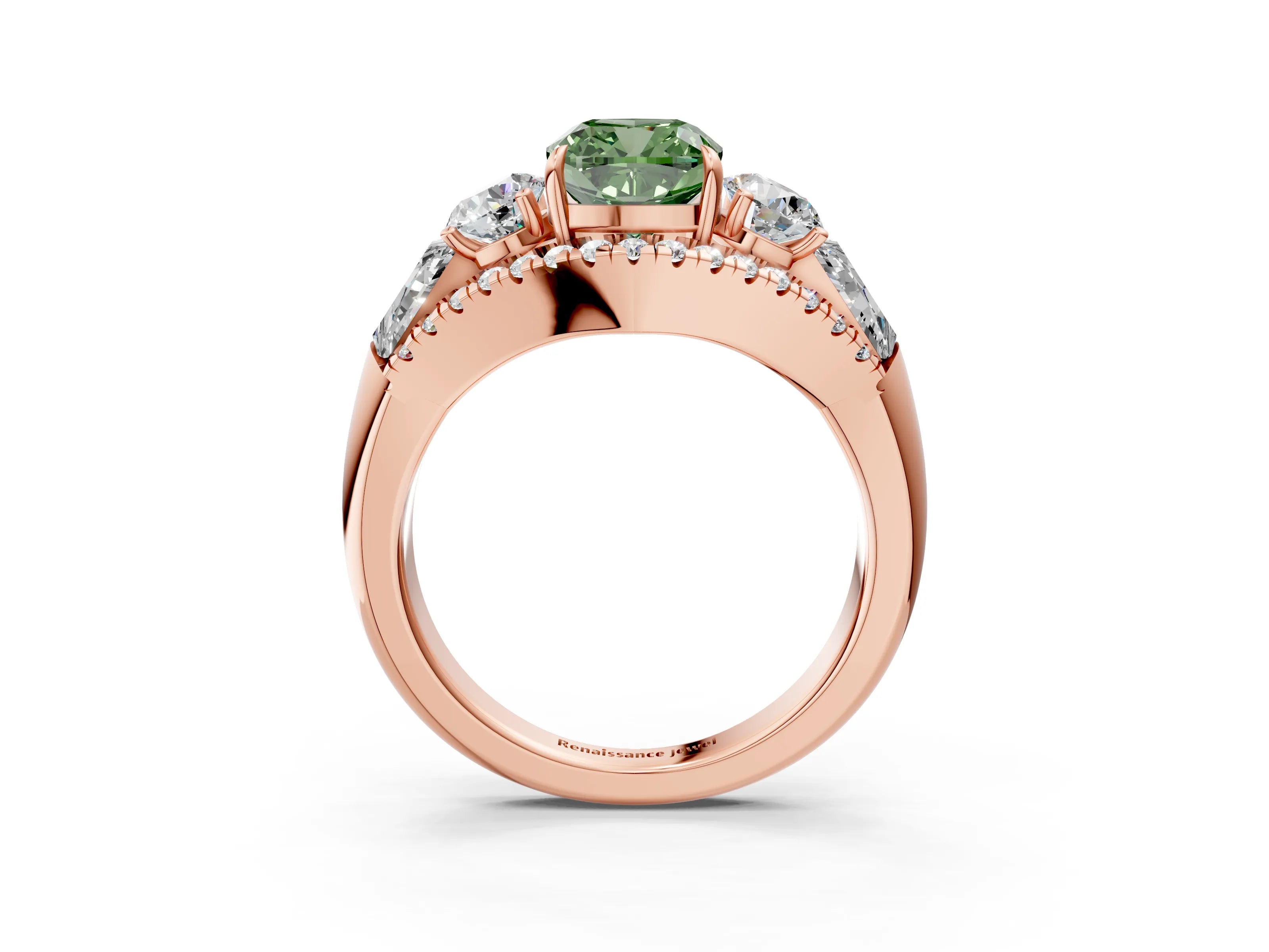 Rose gold Three-Stone Fancy Green Cushion Cut Diamond Engagement Ring with Pave Band and Prong Setting_15