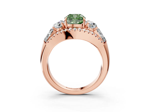 Rose gold Three-Stone Fancy Green Cushion Cut Diamond Engagement Ring with Pave Band and Prong Setting