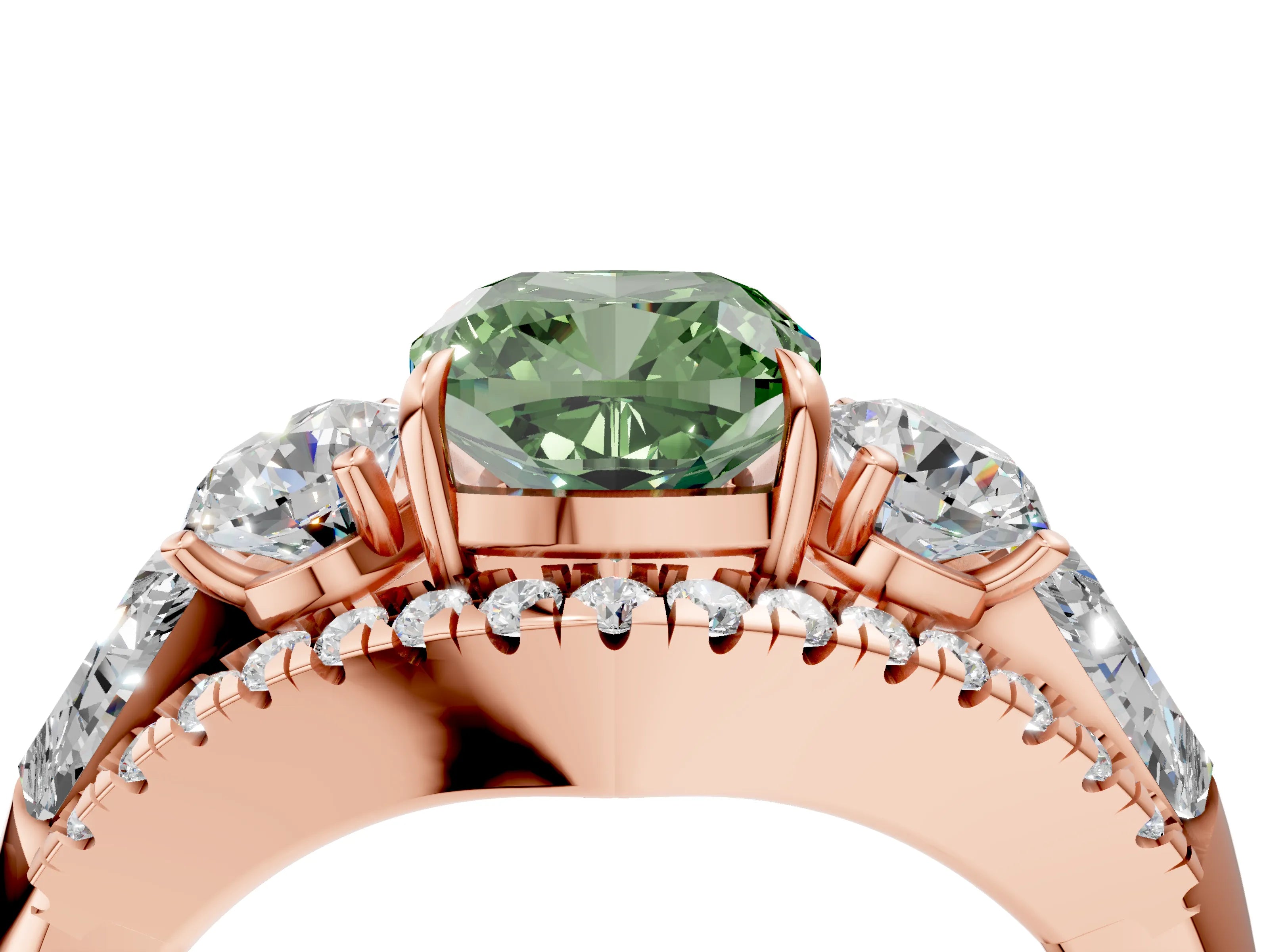 Rose gold Three-Stone Fancy Green Cushion Cut Diamond Engagement Ring with Pave Band and Prong Setting_16