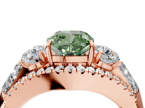 Rose gold Three-Stone Fancy Green Cushion Cut Diamond Engagement Ring with Pave Band and Prong Setting_16