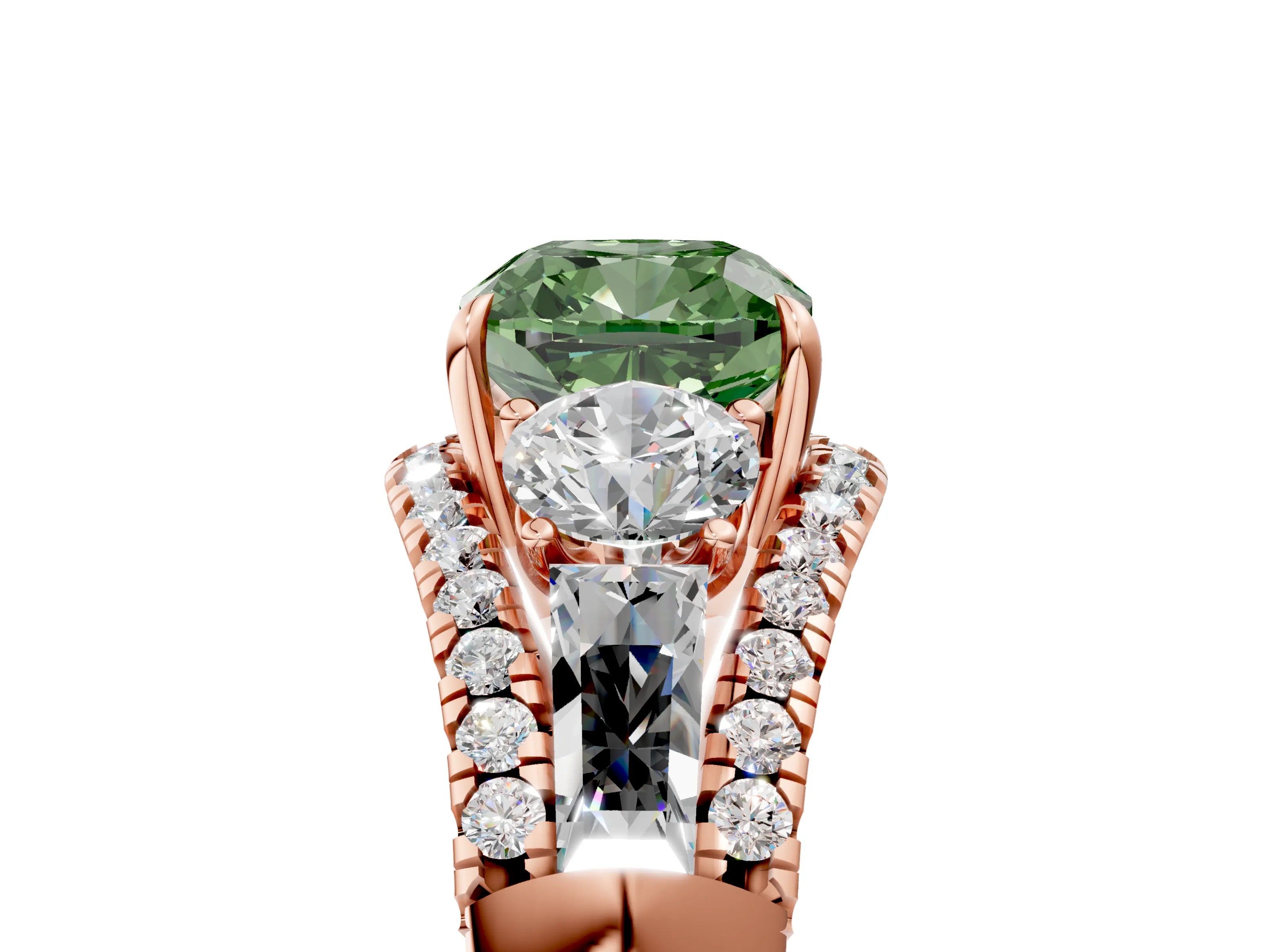 Rose gold Three-Stone Fancy Green Cushion Cut Diamond Engagement Ring with Pave Band and Prong Setting_17