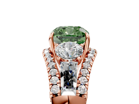 Rose gold Three-Stone Fancy Green Cushion Cut Diamond Engagement Ring with Pave Band and Prong Setting_17