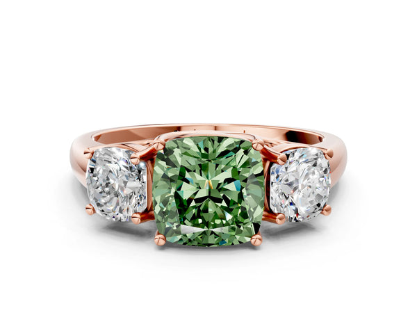 Rose gold Three-Stone Fancy Green Cushion Cut Diamond Engagement Ring with Prong Setting