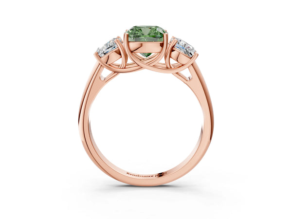 Rose gold Three-Stone Fancy Green Cushion Cut Diamond Engagement Ring with Prong Setting