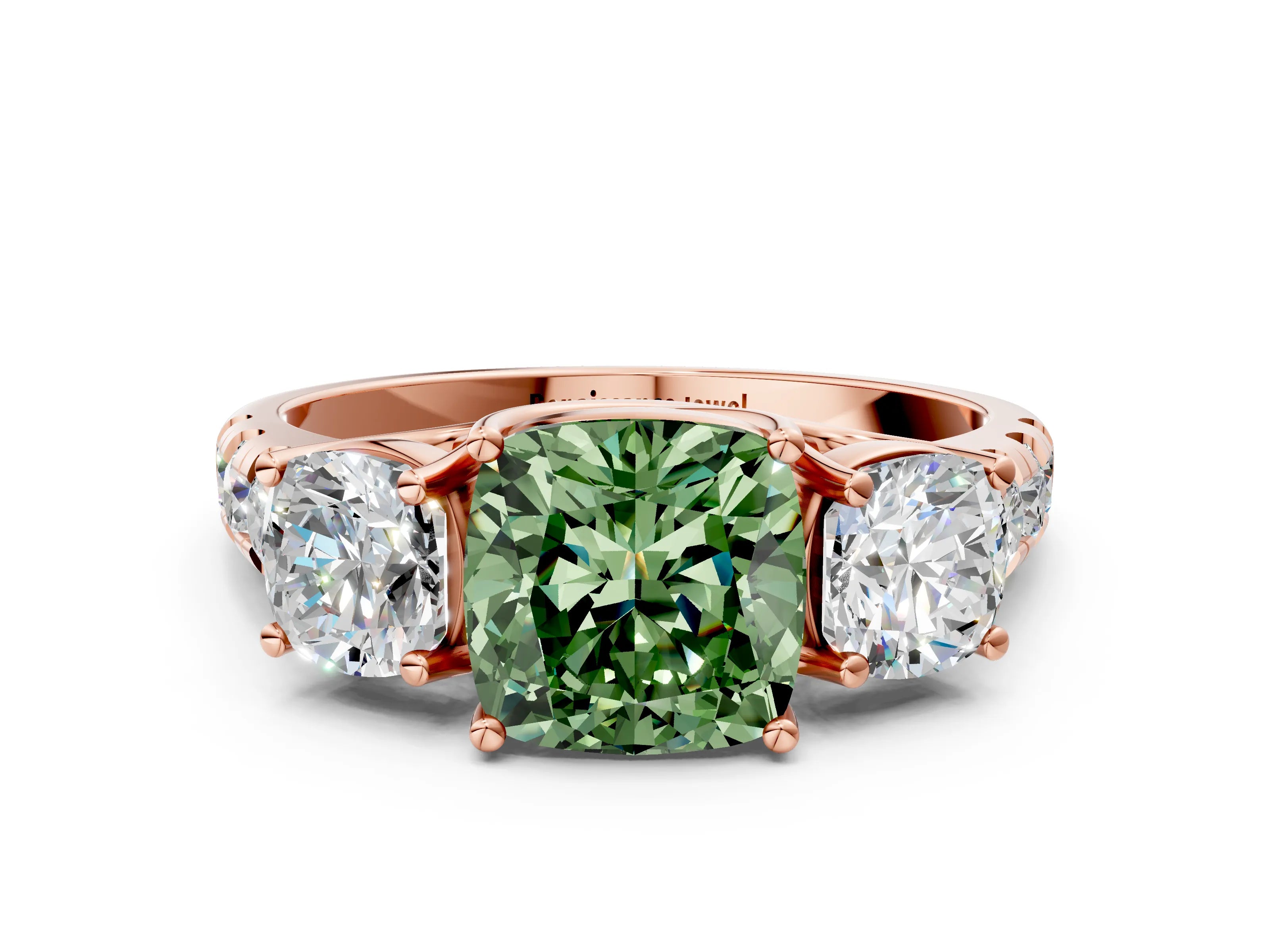 Rose gold Three-Stone Fancy Green Cushion Cut Diamond Pavé Band with Prong Setting