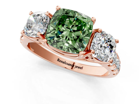 Rose gold Three-Stone Fancy Green Cushion Cut Diamond Pavé Band with Prong Setting_1