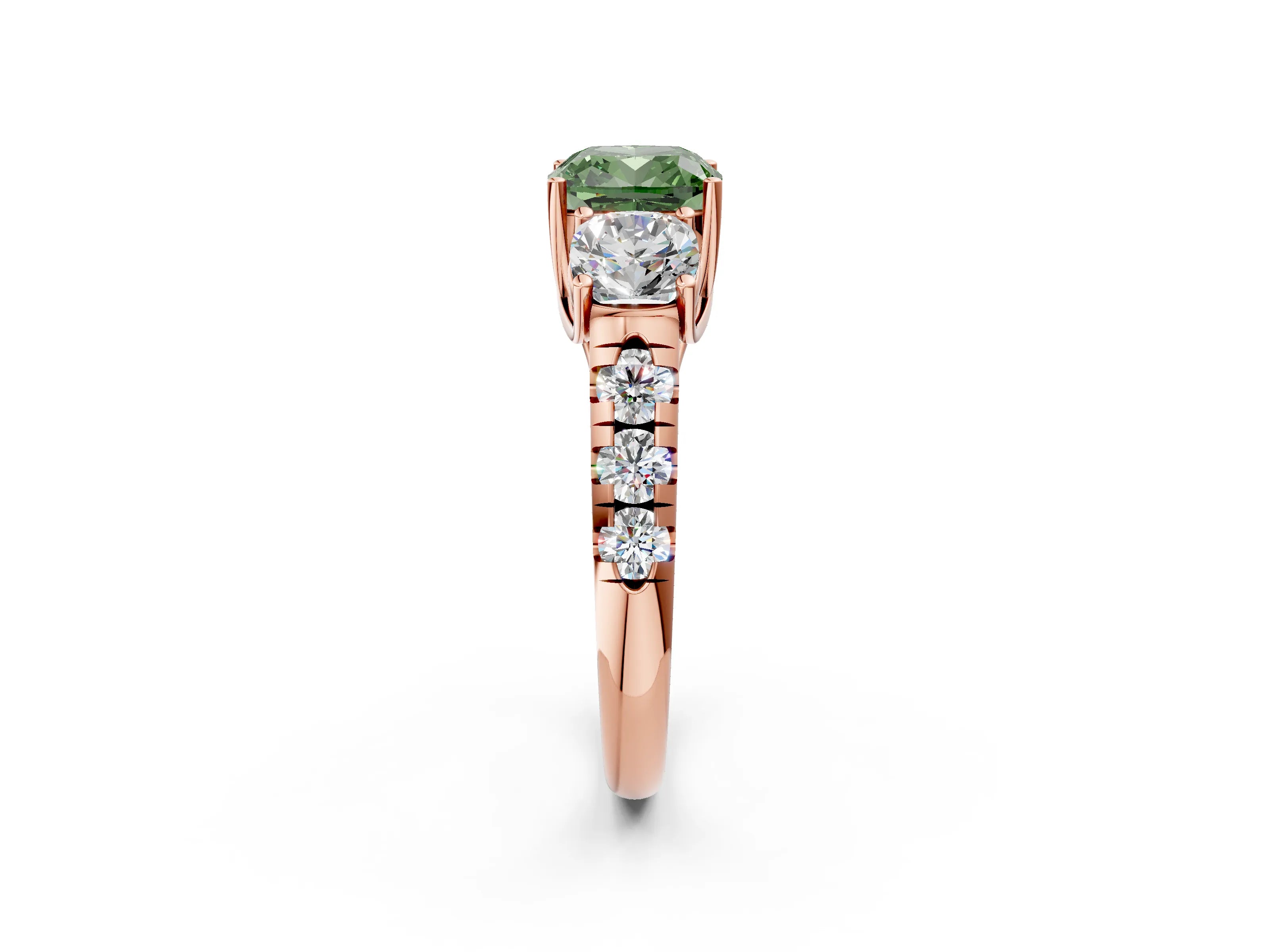 Rose gold Three-Stone Fancy Green Cushion Cut Diamond Pavé Band with Prong Setting_2
