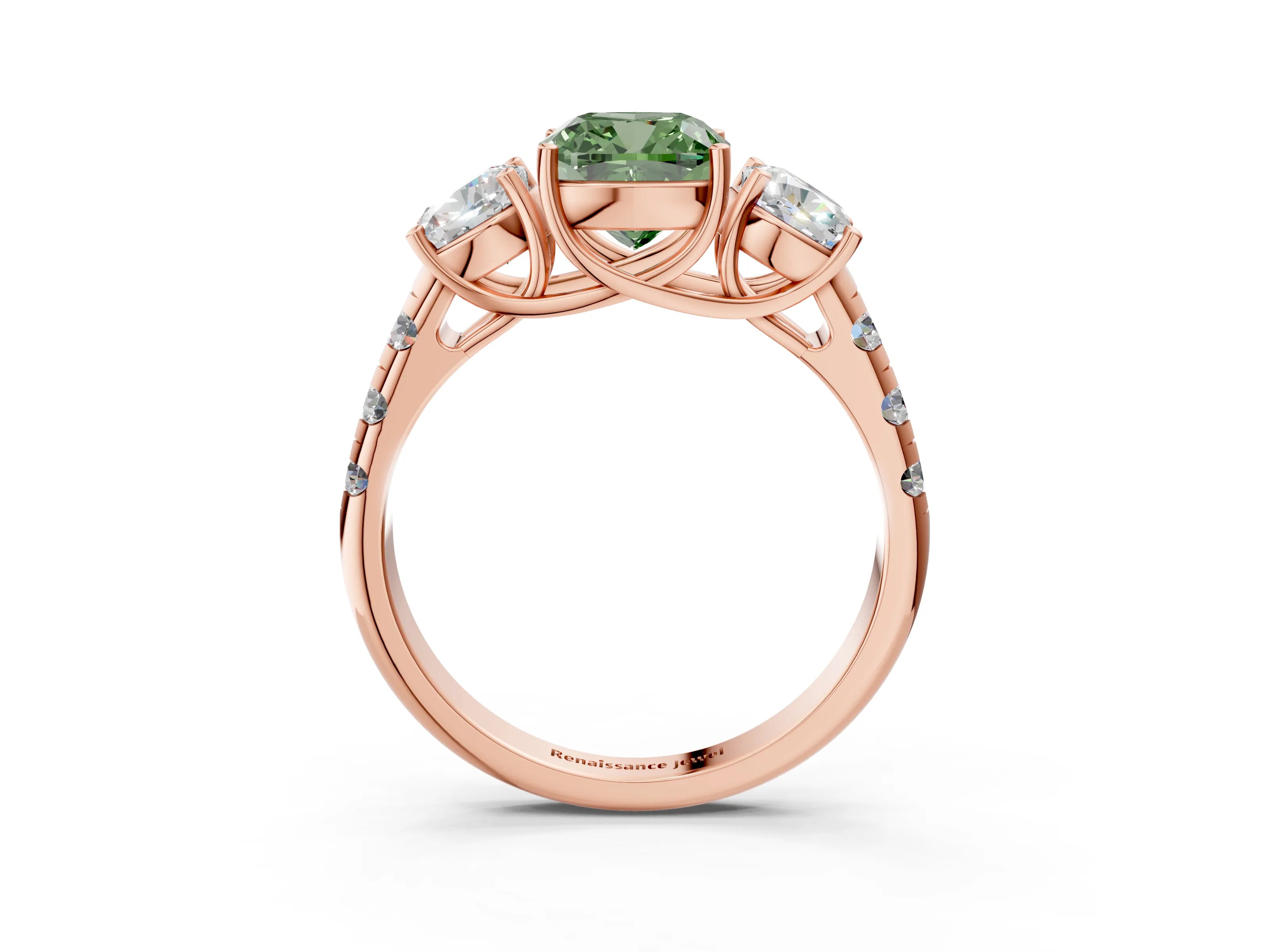 Rose gold Three-Stone Fancy Green Cushion Cut Diamond Pavé Band with Prong Setting_3