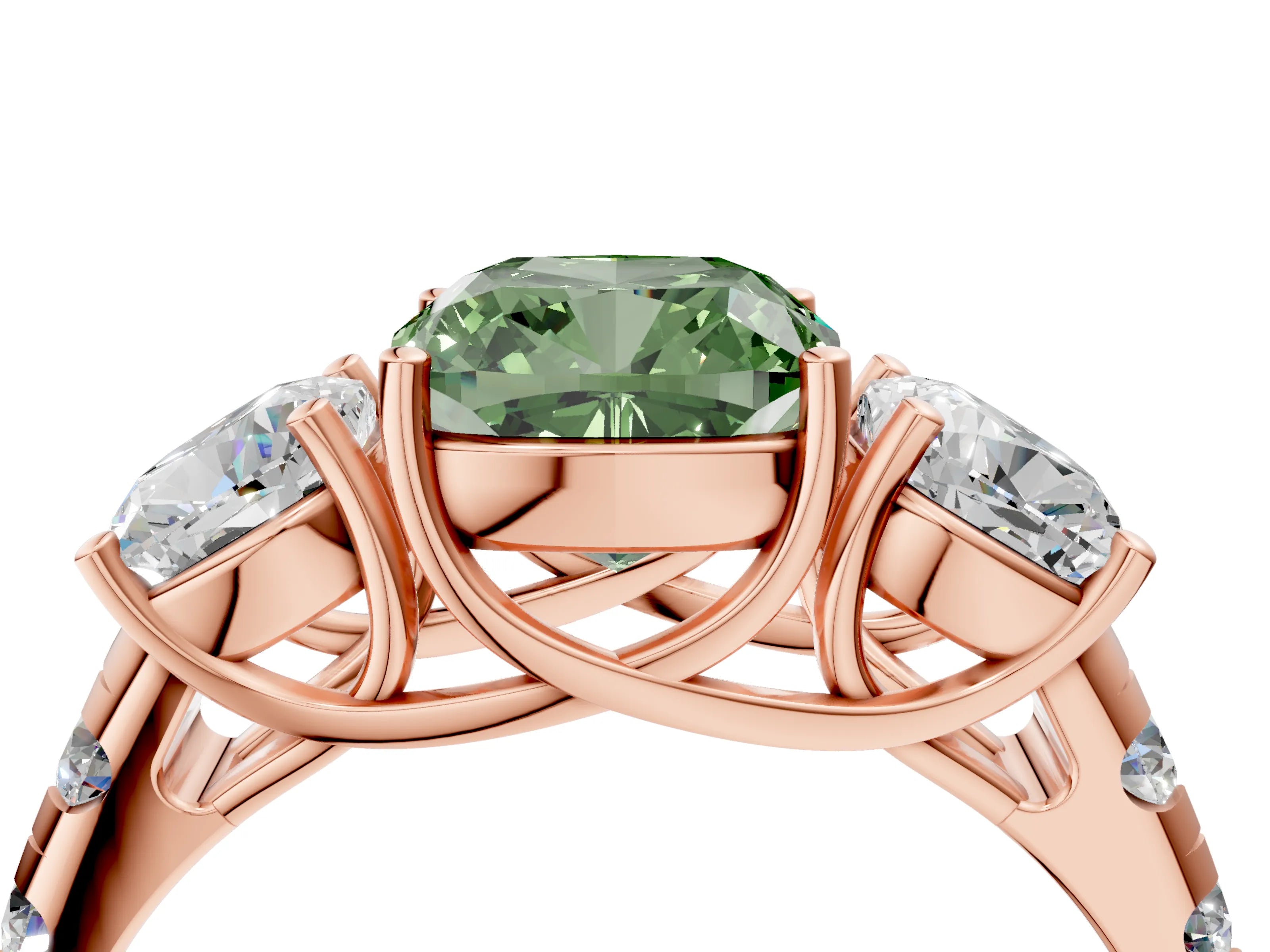 Rose gold Three-Stone Fancy Green Cushion Cut Diamond Pavé Band with Prong Setting_4