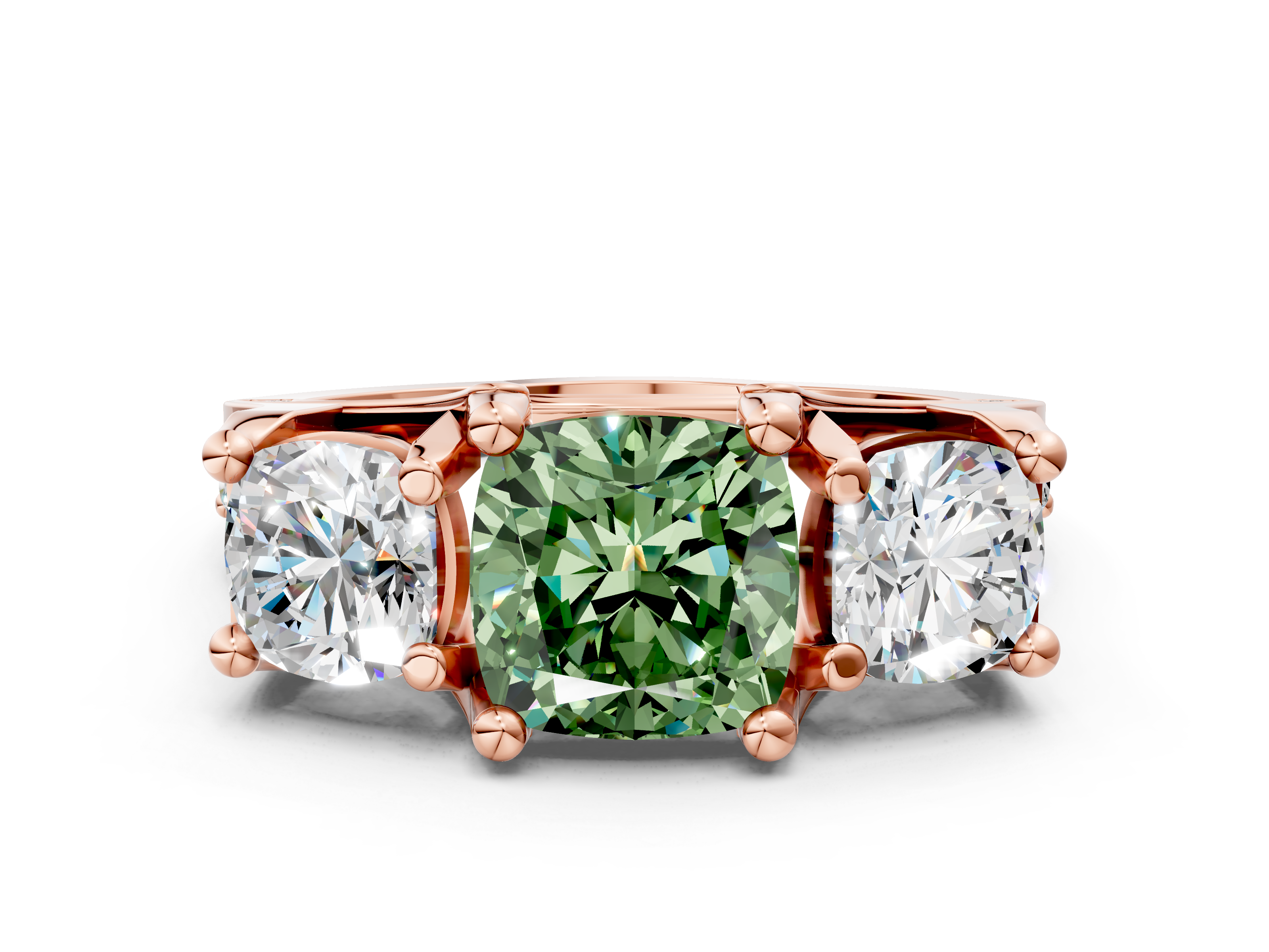 Rose gold Three-Stone Fancy Green Cushion  Cut Diamond Ring with Channel-Set Band and Four-Prong Setting_35