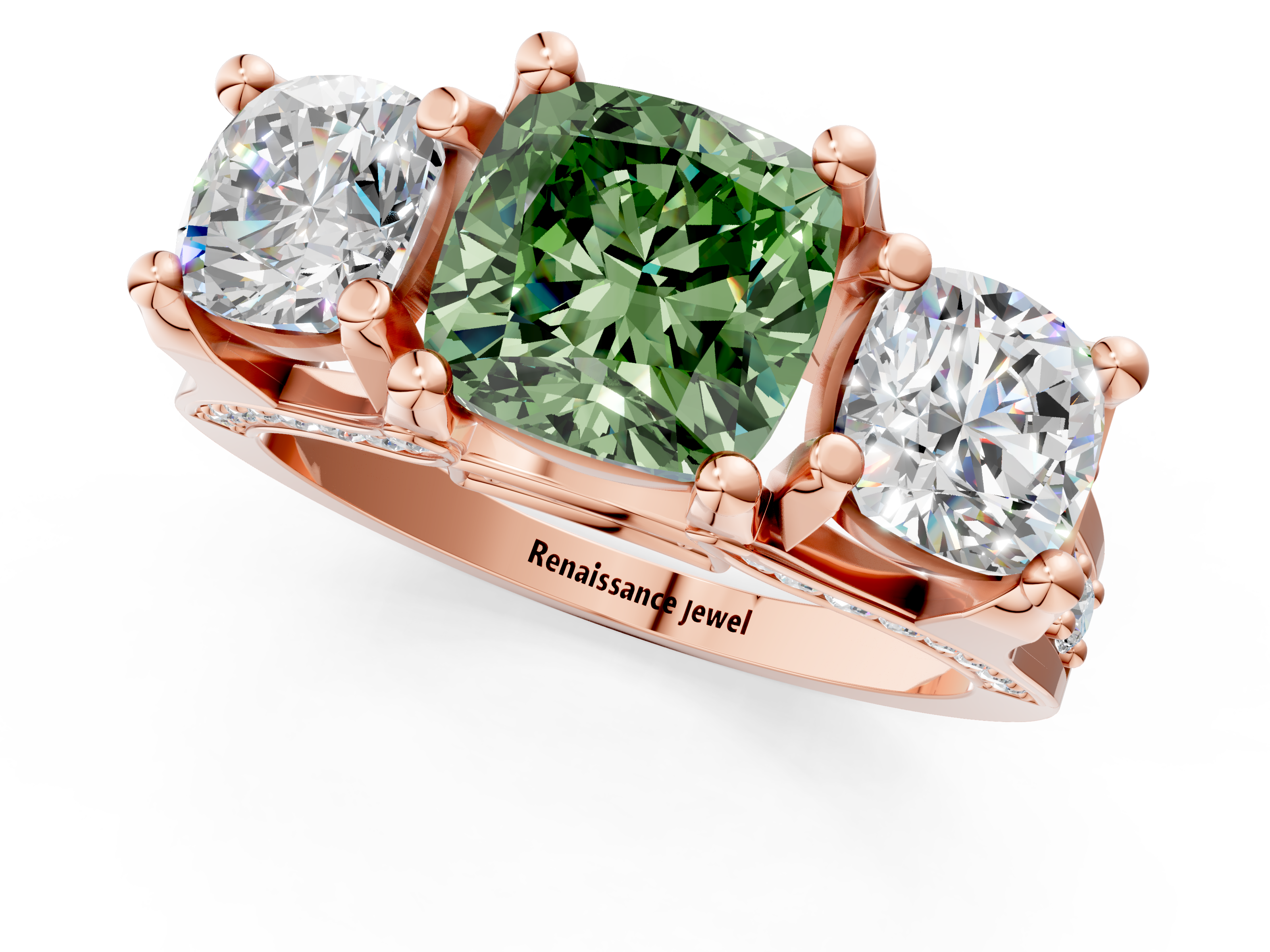 Rose gold Three-Stone Fancy Green Cushion  Cut Diamond Ring with Channel-Set Band and Four-Prong Setting_36