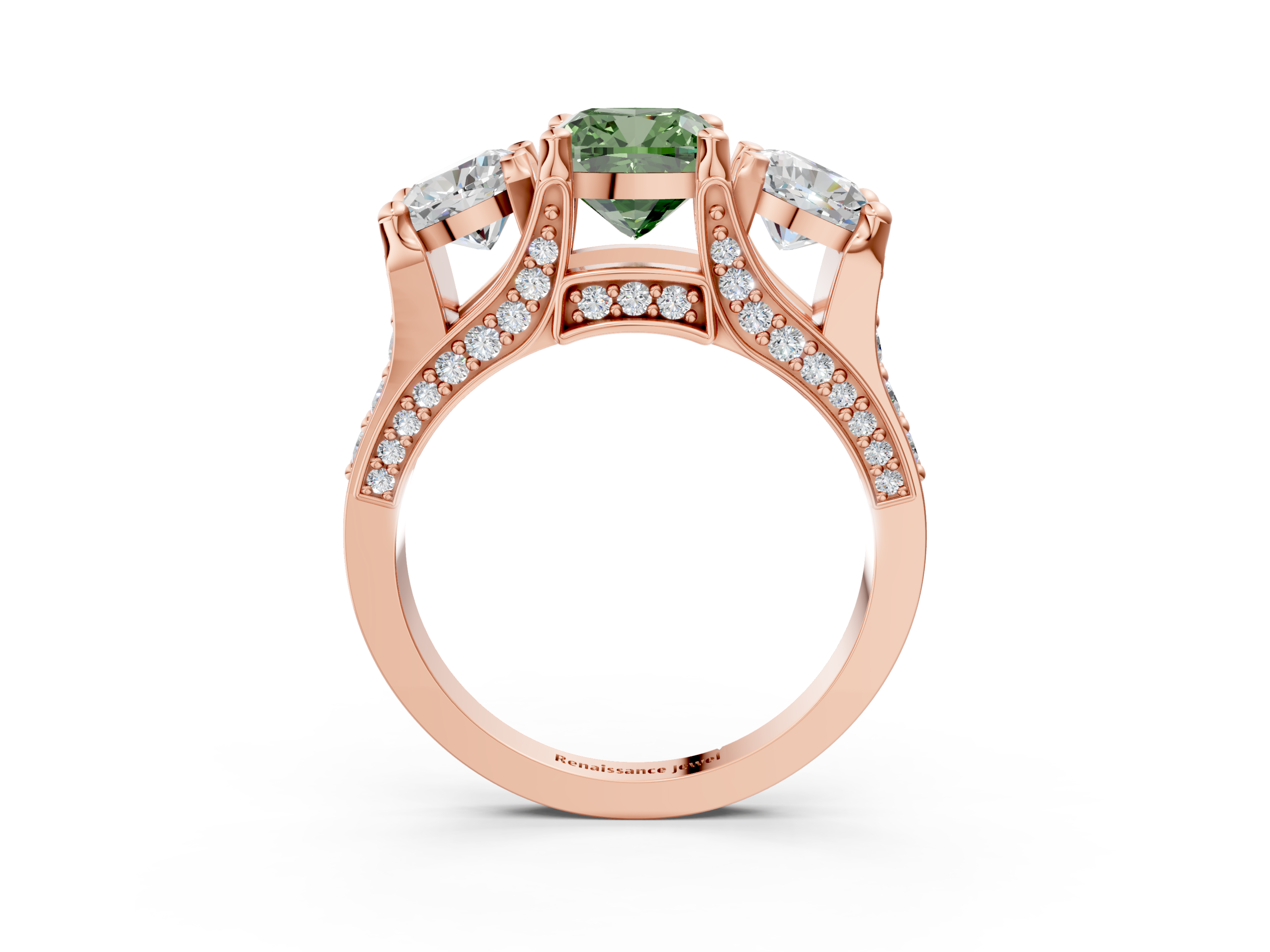 Rose gold Three-Stone Fancy Green Cushion  Cut Diamond Ring with Channel-Set Band and Four-Prong Setting_38